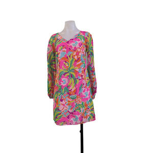 Lilly Pulitzer Sz 00 Carleigh Flamingo Tunic Sheath Dress Pink Silk long Sleeves